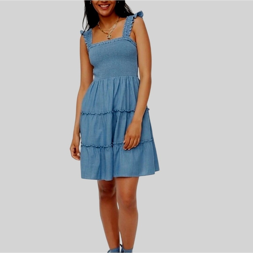 J.Crew Re-Imagined Smocked Denim Mini Dress Blue Ruffle Tiered Cotton Size M
